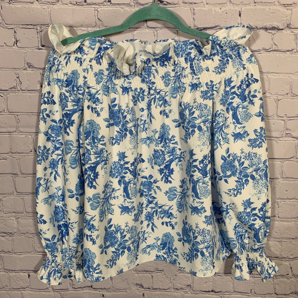 Tuckernuck White and Blue Floral Off-Shoulder Blouse